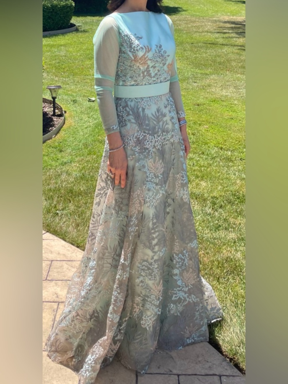Mint Green Lace Illusion Sleeve Evening Gown